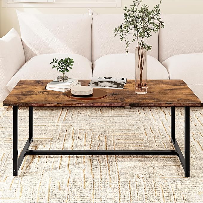 Coffee Table for Living Room, Modern Rectangular Center Coffee Tables for Small Space, Industrial Furniture, Sofa End Tables/Tea Table/Center Table, Couch Table with Metal Black Frame Rustic Brown