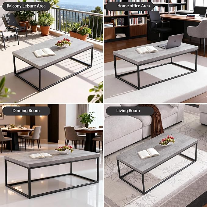 CENSI 47-Inch Large Grey Marble Accent Coffee Table/Center Table for Living Room, Rectangle Modern Industrial Style,Wood and Metal, Max.Loading 220 lbs. (Concrete)