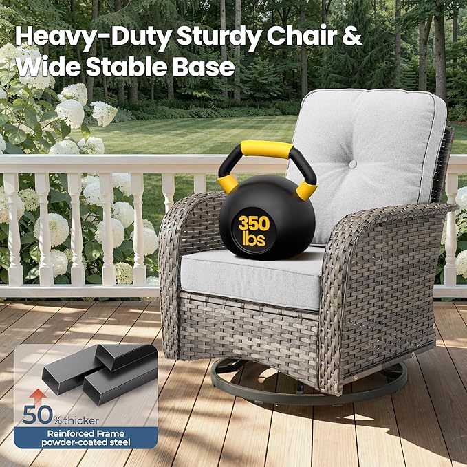 Weaxty Outdoor Swivel Rocker Patio Chairs, 3 Pieces Patio Furniture Set with Rocking Chair and Wicker Side Table, Outdoor Furniture Conversation Set for Porch, Deck, Yard, Balcony, Light Gray