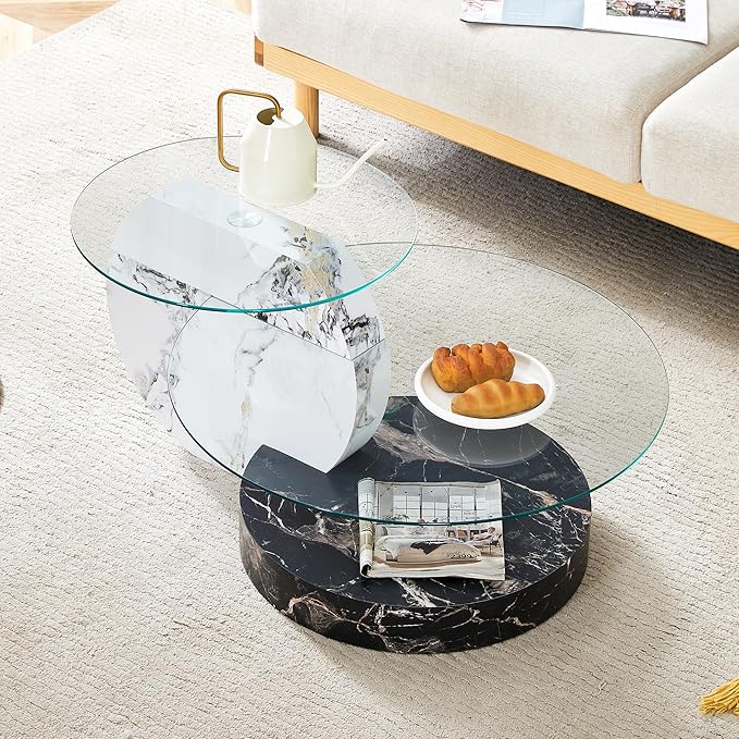 35.4" Glass Coffee Table, Round Coffee Table, 2-Tier Tempered Glass Tabletop with White and Black Faux Marble Base, Modern Center Table for Living Room, Home, Apartment, Ideal for Small Space