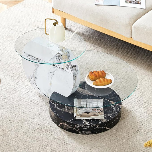 35.4" Glass Coffee Table, Round Coffee Table, 2-Tier Tempered Glass Tabletop with White and Black Faux Marble Base, Modern Center Table for Living Room, Home, Apartment, Ideal for Small Space