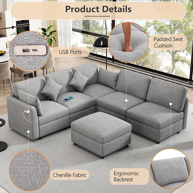 Eafurn 6 Seater Reversible Modular Sectional Sofa Convertible Sleeper Couch Bed, Free Combination Chenille Upholstered Corner Sofa Couches with USB Ports and Detachable Cushions (Light Gray)
