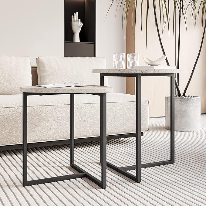 HOJINLINERO Round Coffee Table Set of 2 End Tables for Living Room,Black Small Coffee Table Living Room Table,Metal Frame & Wood Look,Sturdy and Easy Assembly,Stacking Side Tables Bedroom,White
