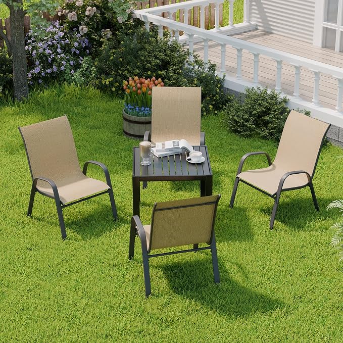 Patio Chairs Set of 4, Outdoor Dining Chairs Stackable for All Weather, Breathable Metal Modern Outside Furniture Chair for Pool Side, Garden, Backyard Deck, Brown - Image 2