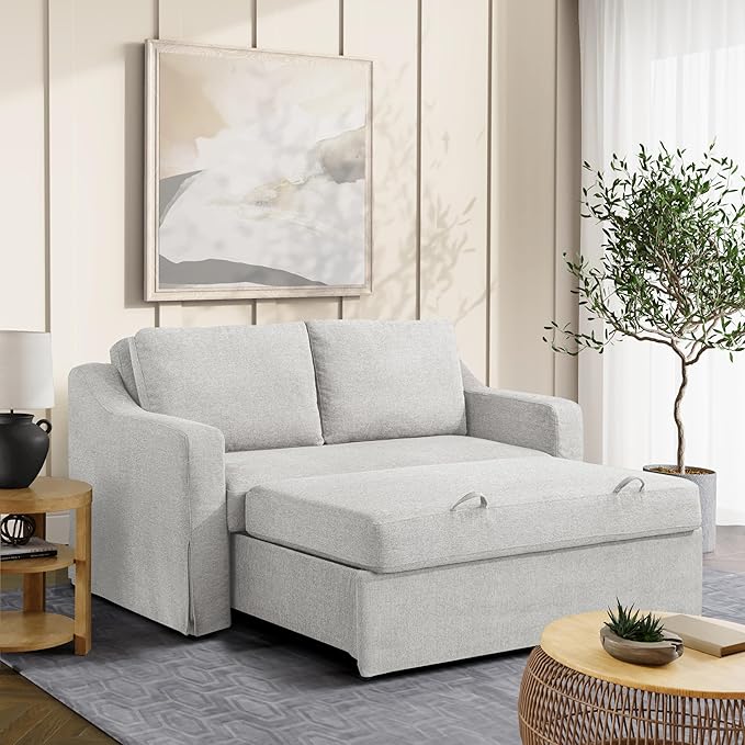 Serta Hawthorne 66.1" Slipcovered Convertible Sleeper Loveseat, Full Size, Dreamcoil Comfort, FingerGuard Pinch Point Protection, Polyester Tweed Fabric, Linen