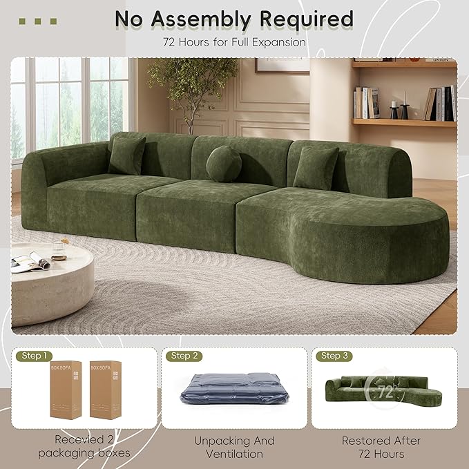 Merax 140" Curved Polyester Sectional Sofa Set, 7 Seat Modern Cloud Couch with Chaise Lounge,3 Pillows, Fully Assembled for Living Room, Green