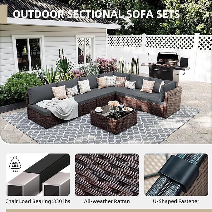 UPHA 9 Pieces Patio Furniture Sets, Wicker Outdoor Sectional Sofa Couch with Round Propane Pit for Deck Backyard Garden, Brown Rattan, Dark Gray Cushion