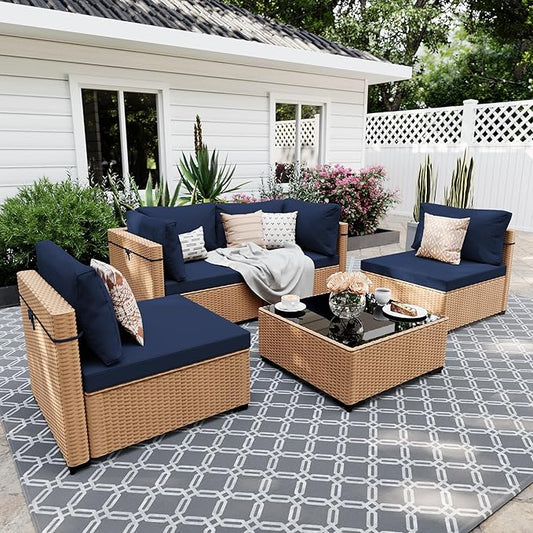 UPHA 5 Pieces Patio Furniture Sets, Wicker Outdoor Sectional Sofa Couch with Coffee Table, Patio Conversation Set for Deck Backyard Garden, Beige Rattan, Navy Blue Cushion