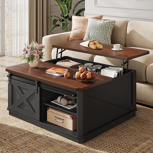 WLIVE Framhouse Coffee Table with Storage, 35.5" Lift Top Coffee Table for Living Room, Square Center Table, Rustic Cocktail Table with Sliding Barn Doors, Curevd Base, Black