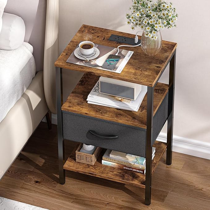 SUPERJARE Nightstand Set of 2, Bed Side Tables with Charging Station, Adjustable Fabric Drawer, Night Stand for Bedroom, 3-Tier Storage End Tables, for Living Room, Rustic Brown and Black - Image 2