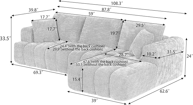Tufted Chenille Cloud Modular Sectional Sofa,Oversized 2-Piece Right Facing Boneless Couch with Chaise Lounge, L-Shape Floor Lounge Sofa with 2 Throw Pillows for Living Room, No Assembly Required