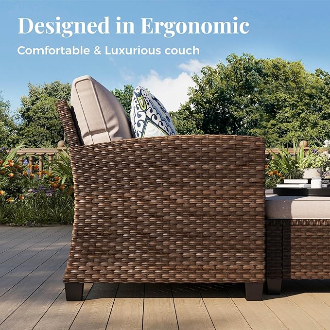 Patio Furniture Set, 7 Pcs Wicker Outdoor Conversation Set, 2 x Leg Chairs, 1 x 3 Seater Sofa, 1 x 2-Seat Lover Sofa and 2 x Ottomans with 4" Thick Cushion and 56" Fire Pit Table, Beige