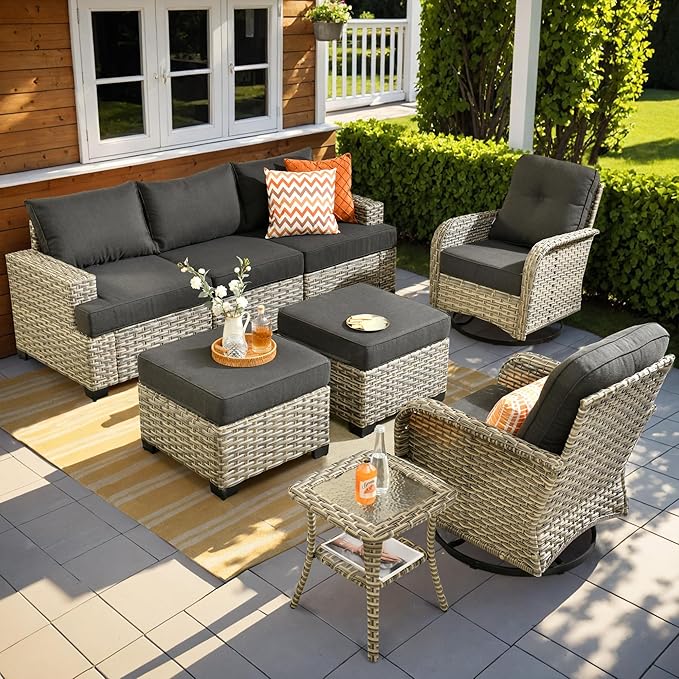 ovios 8 Piece Patio Sectional Furniture with Swivel Rocking Chairs, Rattan Wicker Coversation Set with Glowing Coffee Table, Outdoor Sofa Set for Outside Porch Balcony Backyard Pool, Black