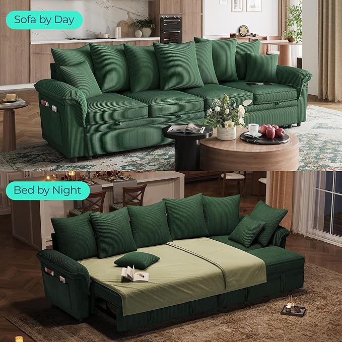 LINSY HOME Oversized Sectional Sleeper Sofa with Pull Out Couch Bed (Green, 110.5'') | USB Charging, Pillow-style Armrest, Multiple Cushions, Modular Sofa, Corduroy Fabric