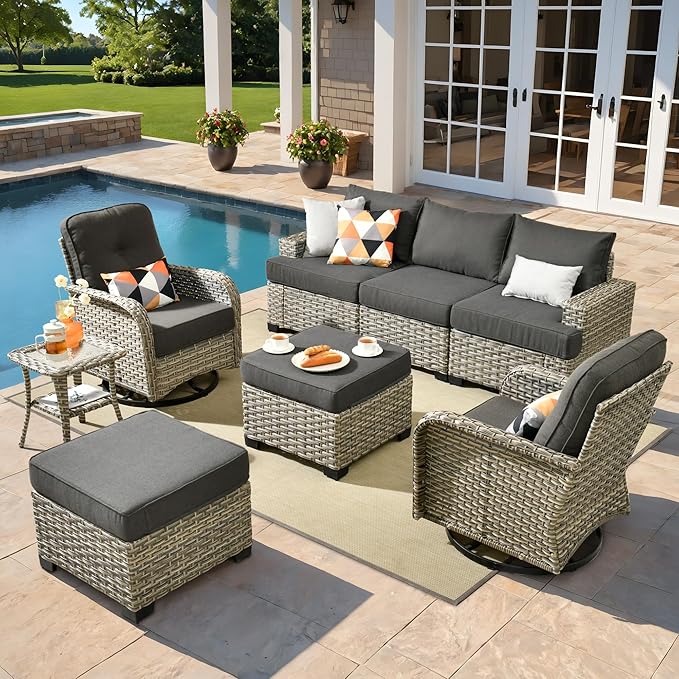 ovios 8 Piece Patio Sectional Furniture with Swivel Rocking Chairs, Rattan Wicker Coversation Set with Glowing Coffee Table, Outdoor Sofa Set for Outside Porch Balcony Backyard Pool, Black