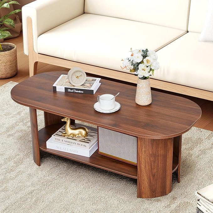 Oval Coffee Table for Living Room, 43.3” Farmhouse Coffee Tables with Storage, 2-Tier Wood Center Table with Storage Shelf Low Tea Table for Small Space, Home, Office, Easy Assembly (Walnut)