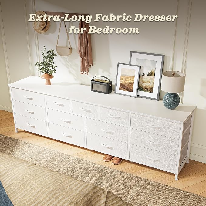 Huuger 70 Inch White Dresser for Bedroom, TV Stand for 65, 75, 80 Inch TV, 13 Fabric Drawer Long Dresser, Wide Chest of Drawer, Storage Units for Bedroom - Image 4
