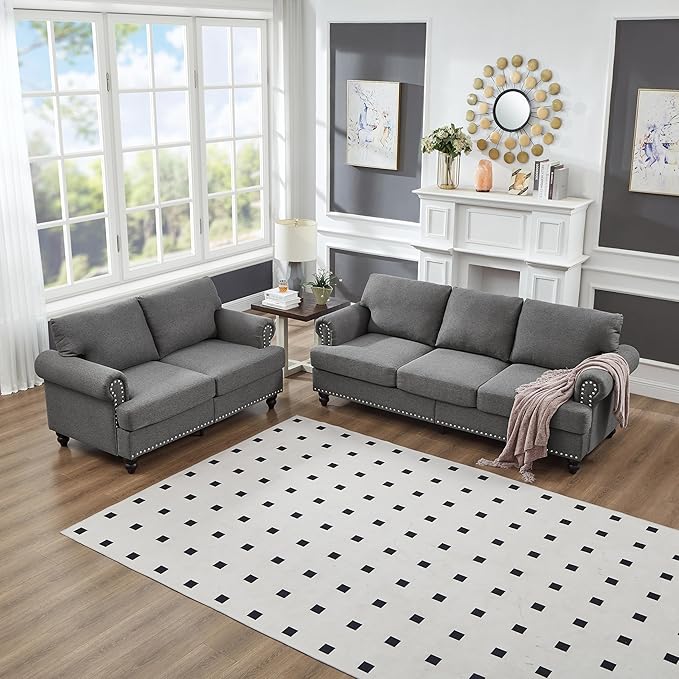 2 Pieses Living Room Sofa Sets Linen Fabric Couch and Loveseat with Nailhead Decor, Soild Wood Legs, Rolled Armrests & Storage ,2PCS Sofas 3 Seaters Couch and Love Seat for Living Room Furniture Sets