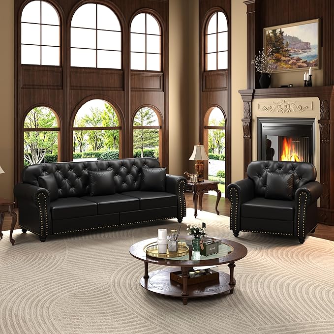 KEIKI 2-Piece Chesterfield Sofa Set with 1 Faux Leather 3-Seater Sofa & 1 Single Sofa, Upholstered 4-Seater Couch Set with Nailhead Trim & Rolled Arms & 1 Ottoman & 4 Pillow, for Living Room, Black