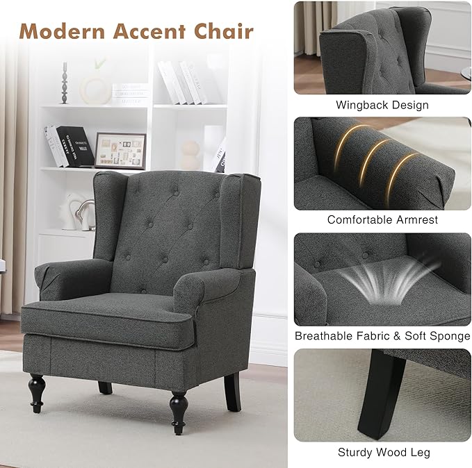 Accent Chair for Living Room, Mid Century Modern Upholstered Armchair, Wingback Chair with Tufted High Back and Solid Legs, Comfy Side Chairs Single Sofa for Bedroom, Dark Grey