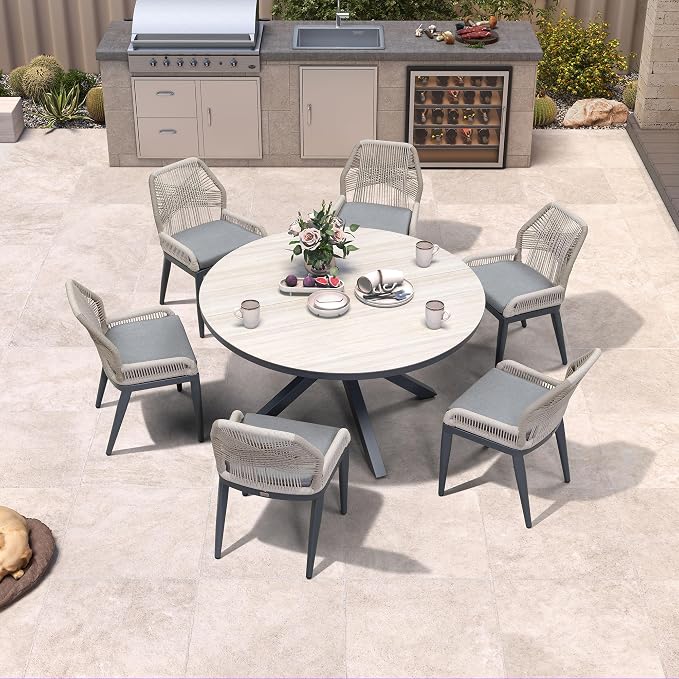 PURPLE LEAF 7 Pieces Round Dining Set Patio Aluminum Modern Round Table and Wicker Chairs with Cushions for Kitchen Backyard Garden Outdoor Furniture Sets, Beige and Dark Grey by PURPLELEAF