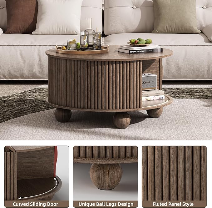 Round Coffee Table with Storage, 31.5" Mid Century Modern Coffee Table with Sliding Door & Bun Feet, Minimalist Fluted Center Table for Living Room, Home Small Space, Walnut