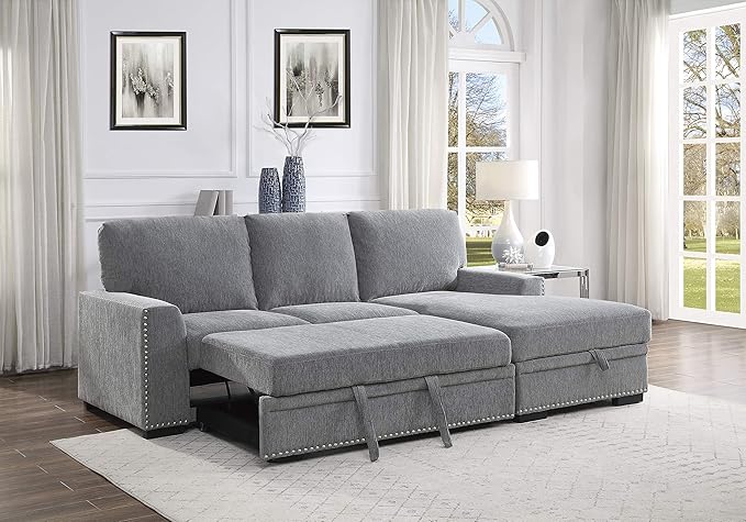 Lexicon Mid Century Modern Sectional Sleeper Sofa Bed Couch with Storage Chaise, Sectional Sofa Pull Out Couch Bed, Sectional Couch Lounge Sofa for Living Room Apartment, Right Side Chaise, Gray