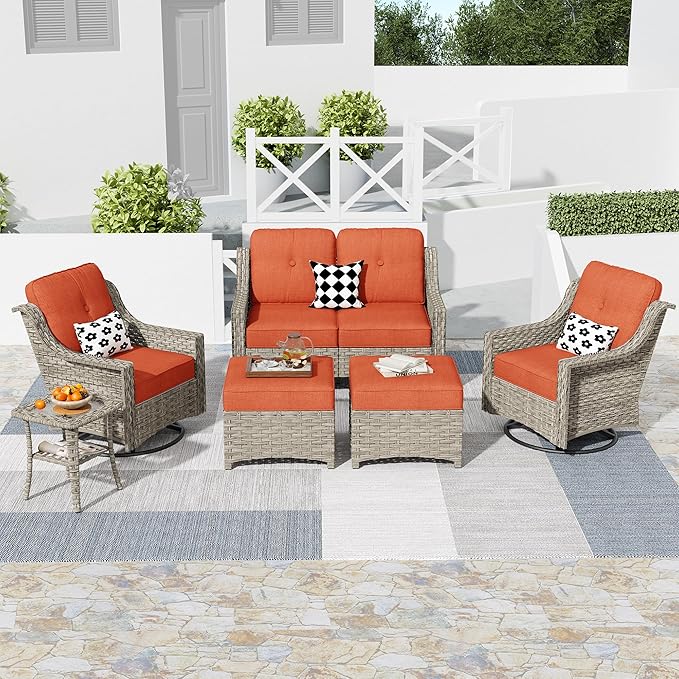 HOOOWOOO 6 Piece Patio Furniture Conversation Sets with Swivel Rocking Chairs,Outdoor Wicker Furniture with Ottoman,All Weather Resistant High Back Rattan Conversational Set(Red)