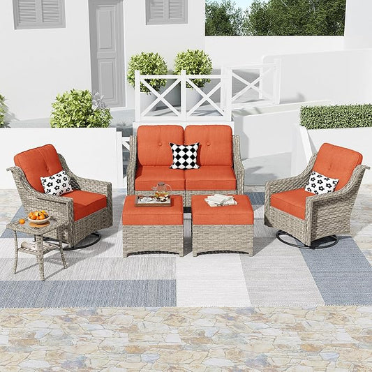 HOOOWOOO 6 Piece Patio Furniture Conversation Sets with Swivel Rocking Chairs,Outdoor Wicker Furniture with Ottoman,All Weather Resistant High Back Rattan Conversational Set(Red)