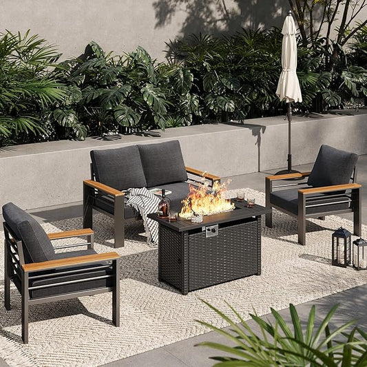 Aoxun Aluminum Outdoor Patio Furniture Set, 5-Piece Outdoor Sectional with 44'' Propane Gas Firepit Table, Patio Conversation Sets with Upgraded Armrests and Cushions for Backyard (Dark Grey,4 Seats)