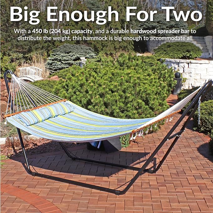 Sunnydaze Double Quilted Fabric Hammock with Universal Steel Stand - 450-Pound Capacity - Black Stand - Blue and Green - Image 4