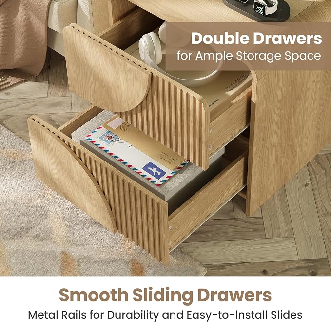 Nightstand Set of 2,Fluted Nightstand with Charging Station,20" Side Table with 2 Drawers Modern Night Stand Wooden End Table Bedside Table with Curved Design for Bedroom,Natural Oak - Image 5