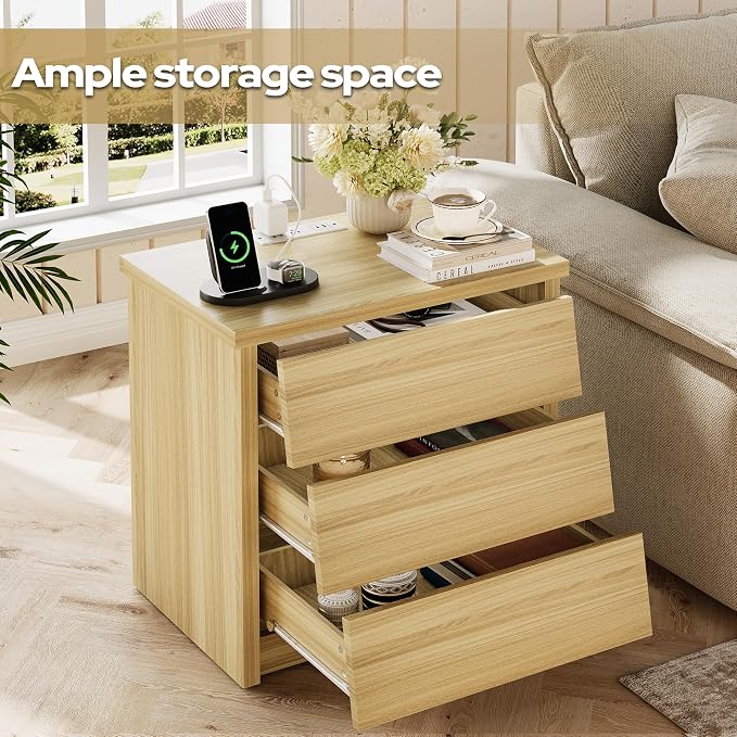 23" Wide Nightstand Set of 2 with Charger Station, Modern Night Stand with 3 Drawers, Wood End Table with USB Ports and Outlets, Storage Bedsides Table for Bedroom, Hallway (Natural) - Image 4