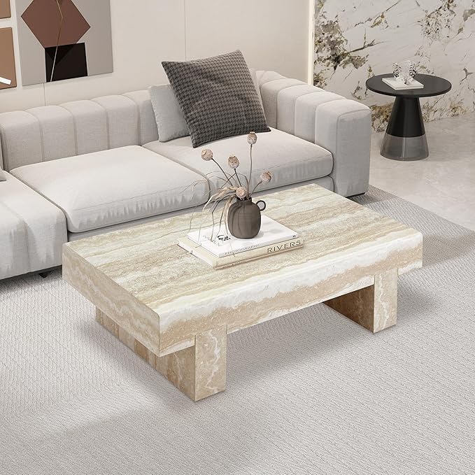 Modern Marble Coffee Table for Living Room Stone Travertine Rectangle Coffee Tables Mid Century Center Table with Storage