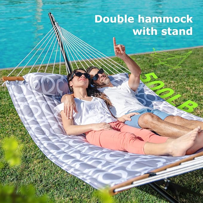 ANAGOO Double Hammock with Stand, Heavy Duty Outdoor Hammock for Two, 500 LBS Capacity, Stable Steel Frame with Balance Strap, Easy Tool-Free Assembly for Patio, Garden, Backyard & Beach,White Grey - Image 2