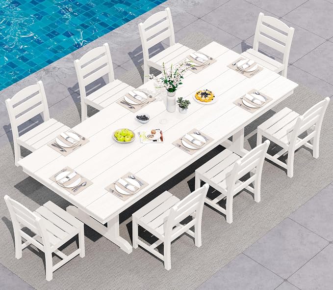SERWALL 9 Piece Outdoor Dining Set, 84" HDPE Outdoor Table and Armless Chairs Set for 8，All Weather Patio Furniture Set with Umbrella Hole for Backyard, Garden, White by SERWALL