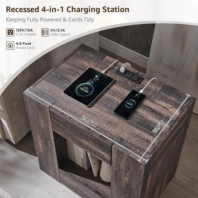 OKD 24" Modern Nightstands Set of 2, Large Wooden Night Stand with Charging Station & Drawer, Side Table Bedroom with Storage Shelf, Rustic End Table, Wood Thick Design, Dark Rustic Oak - Image 6
