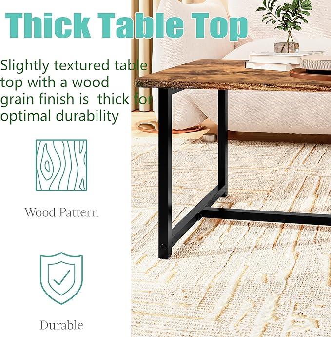 Coffee Table for Living Room, Modern Rectangular Center Coffee Tables for Small Space, Industrial Furniture, Sofa End Tables/Tea Table/Center Table, Couch Table with Metal Black Frame Rustic Brown