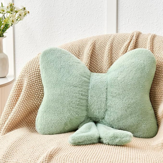 Sage Green Bow Pillow,16'' Bow Decorative Pillows with Faux Rabbit Fur,Soft Bow Throw Pillows Aesthetic Bow Shaped Pillow for Bed Sofa Couch Home Decor