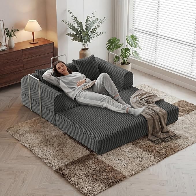 HouseMila 53.15" Boneless Couch,4-in-1 Futon Sofa Bed Modular Loveseat Sleeper Folding Compressed Couch with Pillows,No Assembly Required Convertible Sofa Bed for Living Room Bedroom Guest Room,Grey