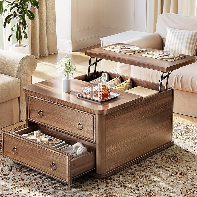 31.5" Lift Top Coffee Table with Storage,Square Coffee Tables with Lifting top for Living Room,Farmhouse Coffee Table with Large Drawers and 2 Hidden Compartment,Walnut