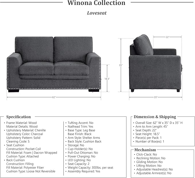 Lexicon Living Room Furniture Set, Modern Couches for Living Room, Chenille Upholstered Couch Set, Including Sofa, Loveseat and Lounge Chair with Solid Wood Frame, 3-Piece Set, Charcoal