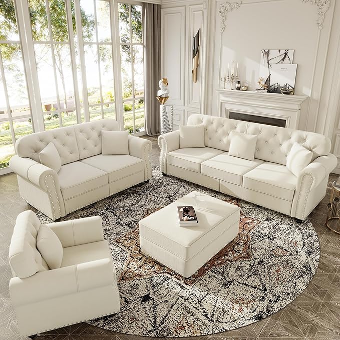 KEIKI 3-Piece Chesterfield Sofa Set with 1 Velvet 3-Seater Sofa & 1 Loveseat & 1 Single Sofa, 6-Seater Couch Set with Nailhead Trim & Rolled Arms & 1 Ottoman & 6 Pillow, for Living Room, White
