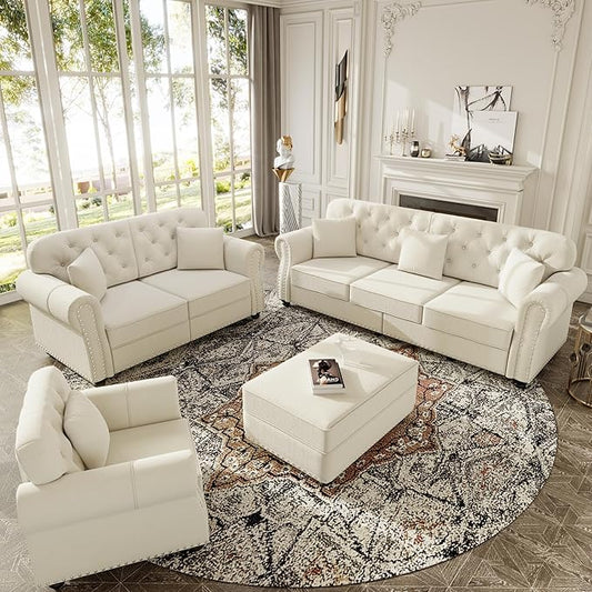 KEIKI 3-Piece Chesterfield Sofa Set with 1 Velvet 3-Seater Sofa & 1 Loveseat & 1 Single Sofa, 6-Seater Couch Set with Nailhead Trim & Rolled Arms & 1 Ottoman & 6 Pillow, for Living Room, White