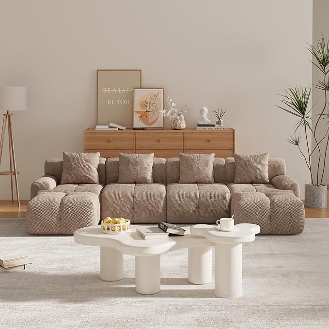 135" U-Shaped Compressed Sectional Cloud Sofa, Flannel Upholstered Modular Tufted Sofa with 6 Pieces, Symmetrical Boneless Foam Modular Cloud Couches for Living Room
