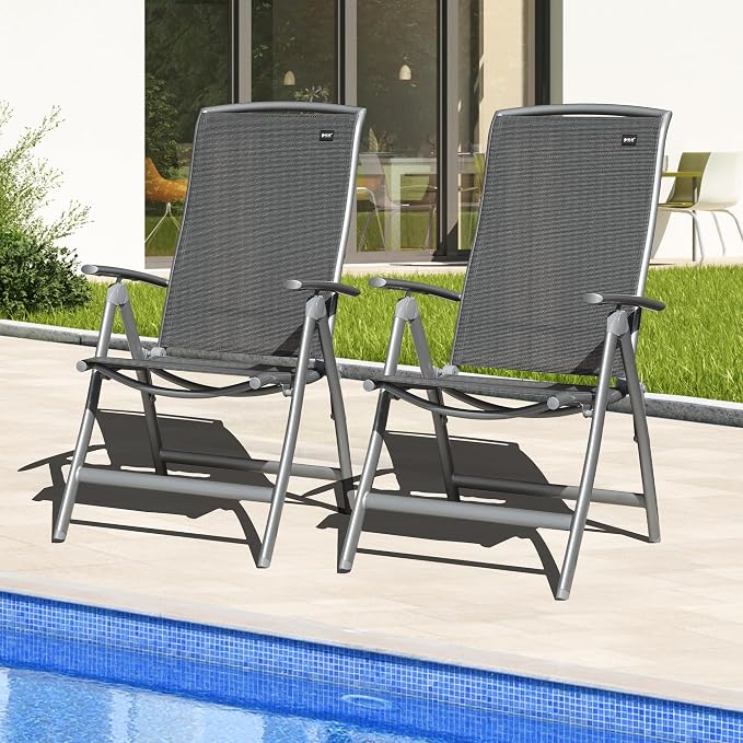 Domi Patio Folding Chairs Set of 2, Aluminium Frame Outdoor Reclining Patio Chairs for Garden Camping Poolside Beach Deck, Adjustable High Back Lawn Chairs with Textilene Fabric Seat, Dark Gray by domioutdoorliving