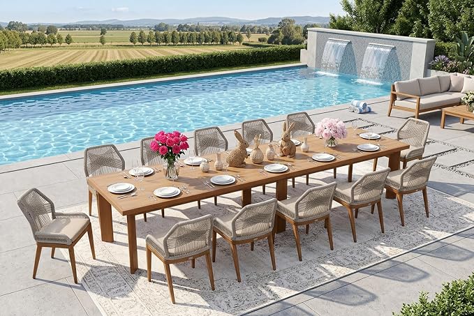 PURPLE LEAF 13 Pieces Patio Dining Set Aluminum Rectangular Table and Wicker Chairs with Cushions for Kitchen Porch Garden Modern Outdoor Furniture Sets by PURPLELEAF