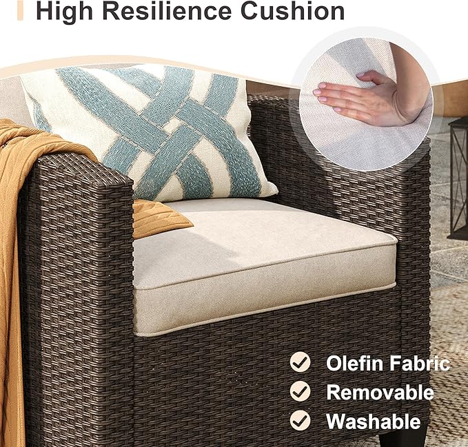 VICLLAX Patio Furniture Set 6 Pieces Wicker Outdoor Conversation Set, 3-Seat Sofa with 2-Seat Lover Couch, 2 Single Chairs and 2 Ottomans for Garden, Poolside, Backyard, Beige Cushion