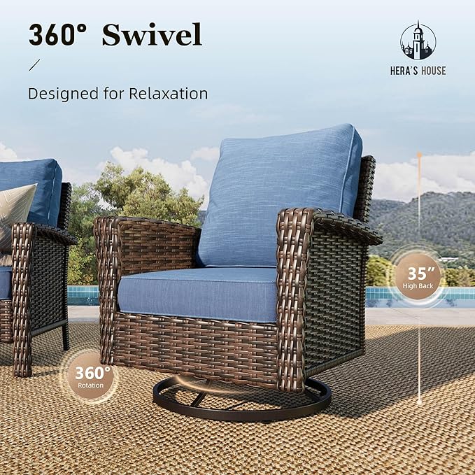 HERA'S HOUSE 8-Piece Outdoor Furniture Set with Fire Pit Table, Patio Conversation Set with 5.5-Inch Thick Cushions & High Back Swivel Chairs, All-Weather Wicker Deep Seating Sofa with Ottomans, Blue