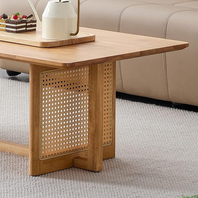 Mid Century Modern Wood Coffee Table with PE Rattan Stand, 47 Inch Rectangular Solid Wood Boho Coffe Table, Unique Center Cocktail Table for Livinig Room Apartment Office